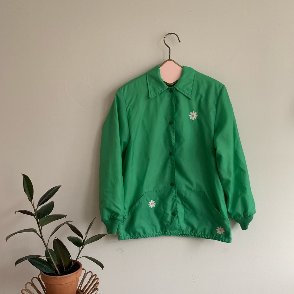 VTG 70s Green Daisy Embroidered Windbreaker Jacket